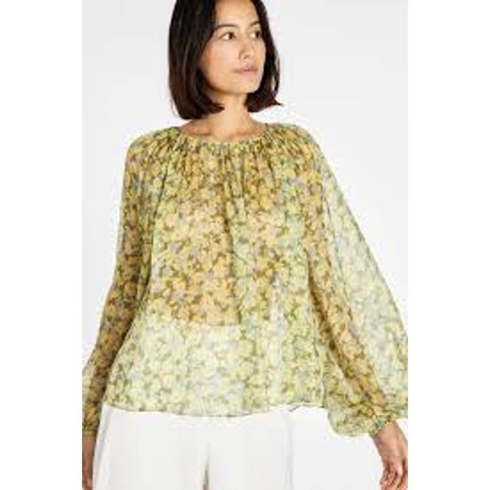 Tanya Taylor Elaine Top Silk Linen Sheer Green Floral Balloon Sleeve Sz 2X